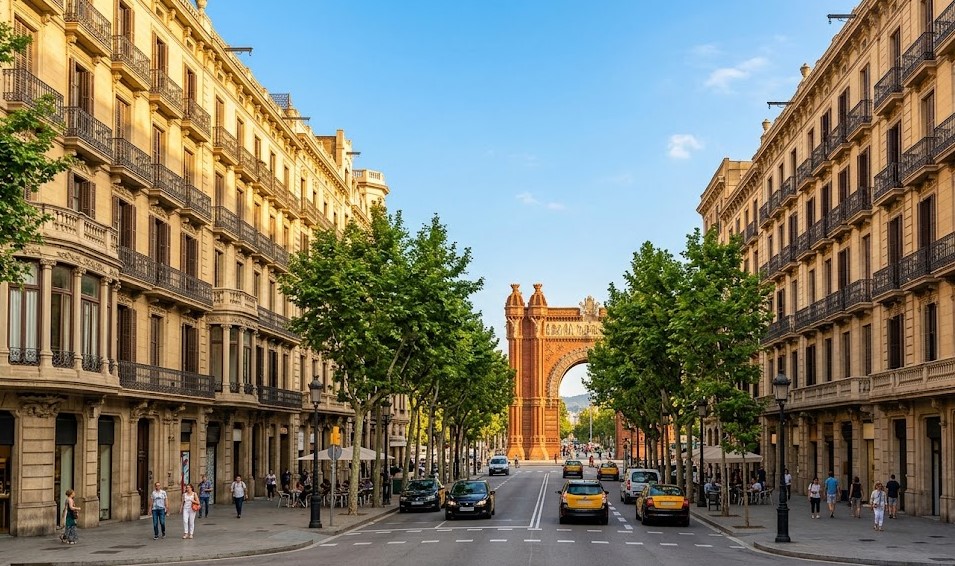 Vistas de las fachadas modernistas y la arquitectura de la calle Ausias March en el Eixample de Barcelona